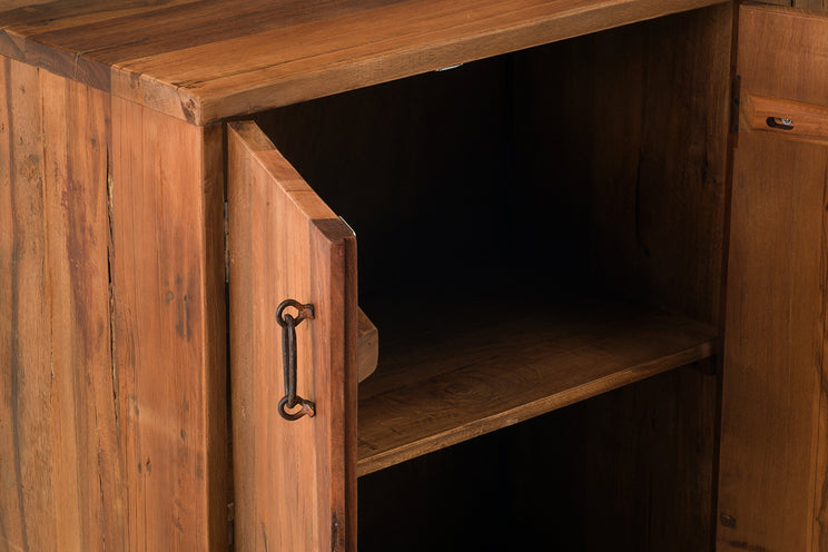 Wooden cabinet with one door open, revealing a dark interior.